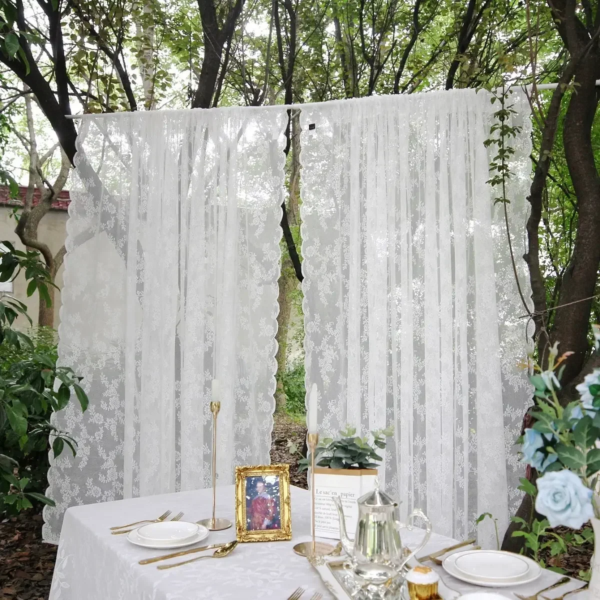 White French Lace Semi Transparent Rod Curtains Suitable for Filtering Light in Living Room Windows, One Piece Set