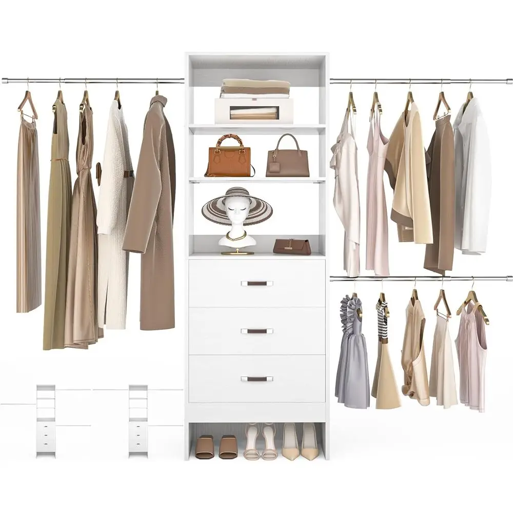 96-inch Adjustable Walk-in Closet System with 3 Hanging Rods, 8-Tier Organizers, and 3 Wooden Drawers, White