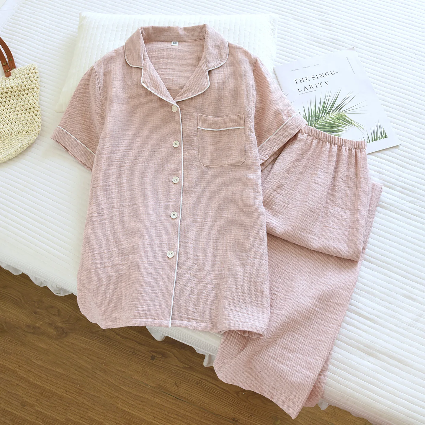 

Japanese Style Simple Women Pajamas Summer New Thin Turn Down Collar Short Sleeve Tops Pants Fashion Casual Sweet Homewear Set