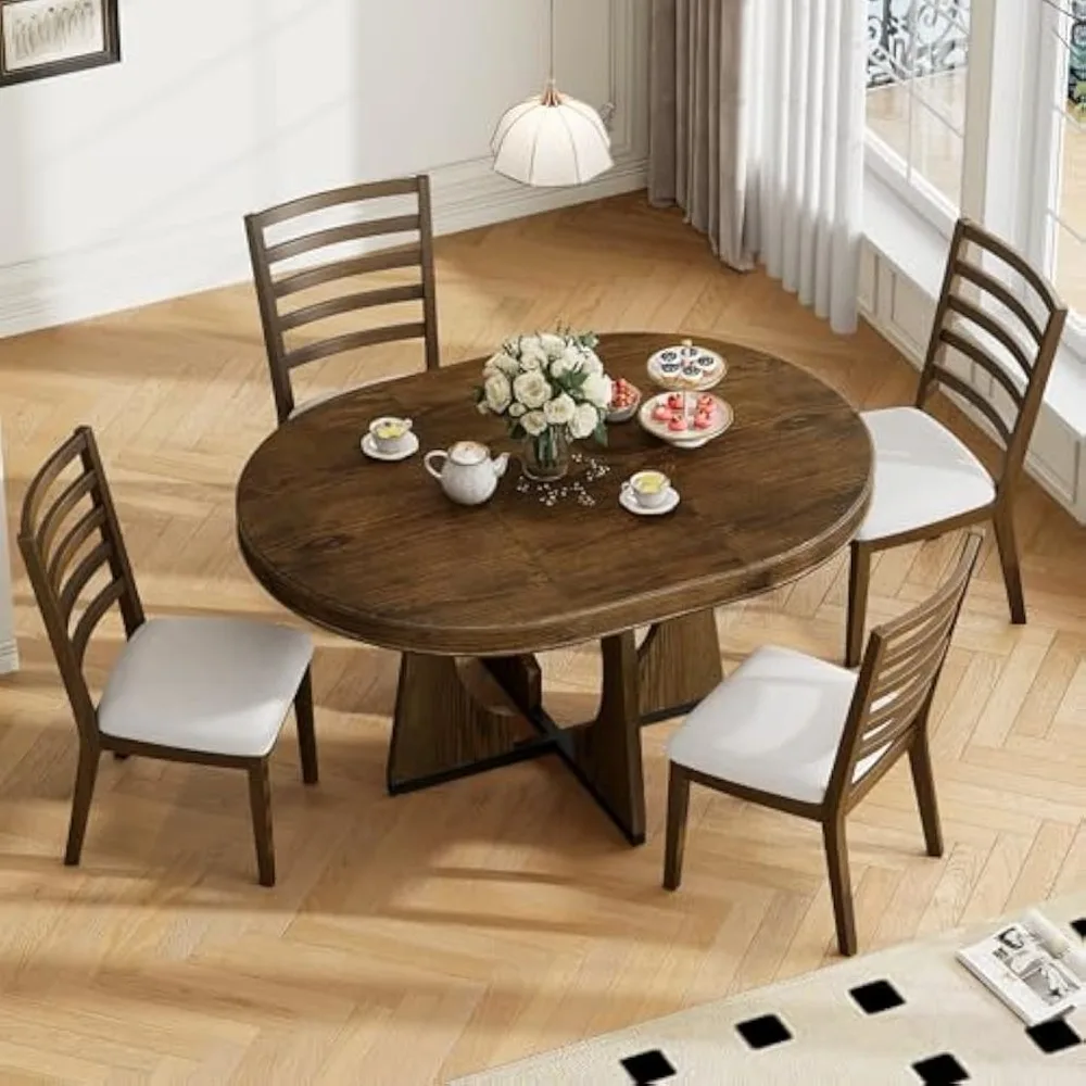 

5-Piece Dining Table Set for 4, Round Extendable Table with a 16-inch Leaf and 4 Upholstered Chairs, Ret