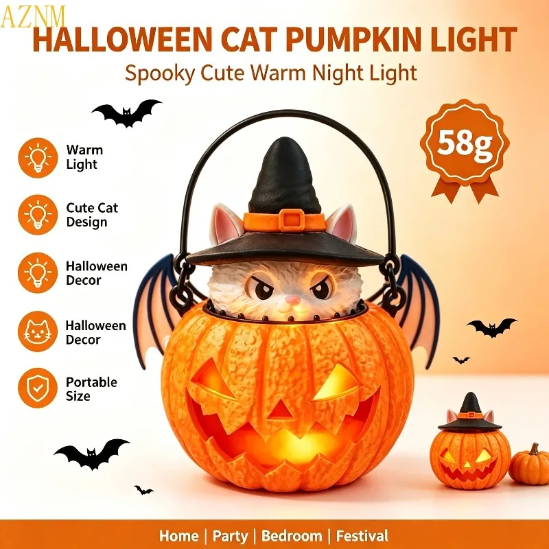 Lanterne de chat d'Halloween imprimée en 3D, ornement lumineux, lampe décorative de bureau créative, accessoires et ornements pour fêtes de fin d'année.