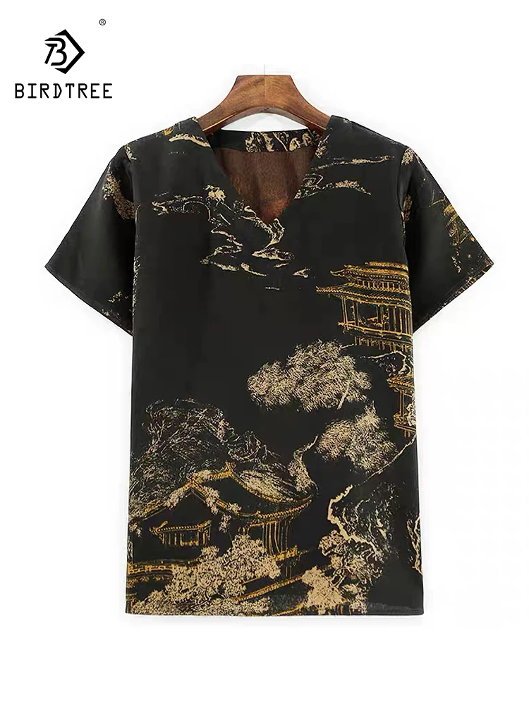 

Элегантная футболка BirdTree-35 мм из шелковой водяной марли, женская жаккардовая футболка с короткими рукавами, модный дышащий свободный топ, осень 202, T5O618CC