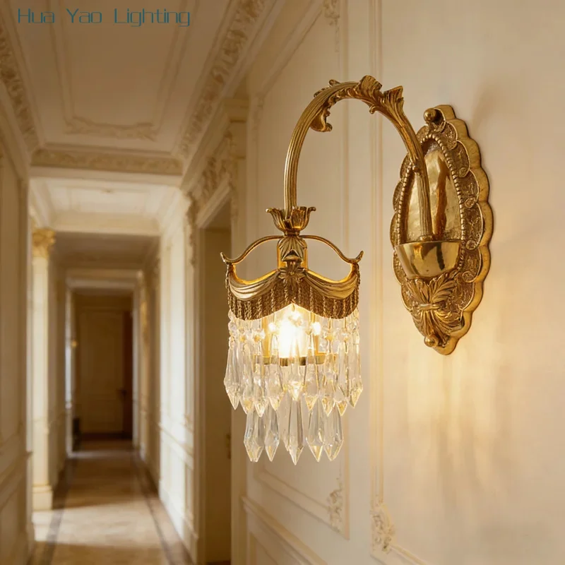 French Retro K9 Crystal Crown Wall Lamp Luxury Bedroom Bedside Living Room Classical American Style Light