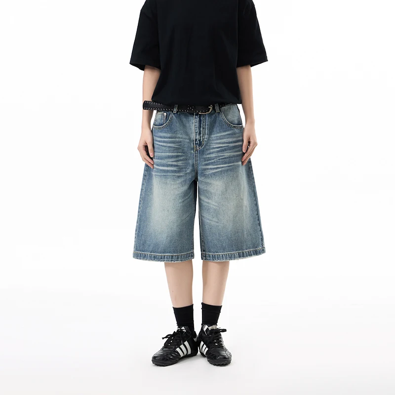 Summer Lightweight American Style Washed Distressed Loose Catear Denim Cropped Pants For Men And Women, Straight Wideleg