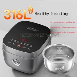 220V Electric Rice Cooker Household 4-Liter 316 Stainless Steel 0-coating Inner Pot Intelligent Cooking Rice Cooker 2-5 People