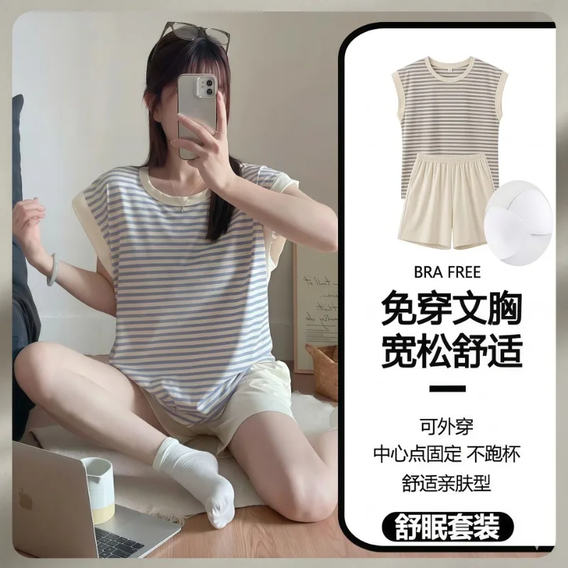 Frühling Sommer Weste Lässiger Pullover Schlafanzug Damen Dünne Weste Gestreift Locker Stylisch für Draußen und Zuhause Zweiteiliges Set Damen Mädchen Loungewear
