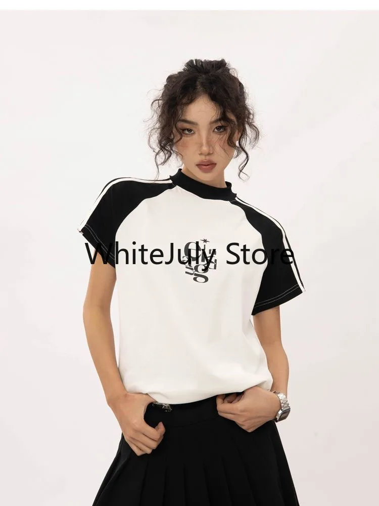 2023 Vintage Y2k Women Cotton T-shirts Casual Short Sleeve Tees Korean Streetwear American Retro Female Patchwork Sports Tops