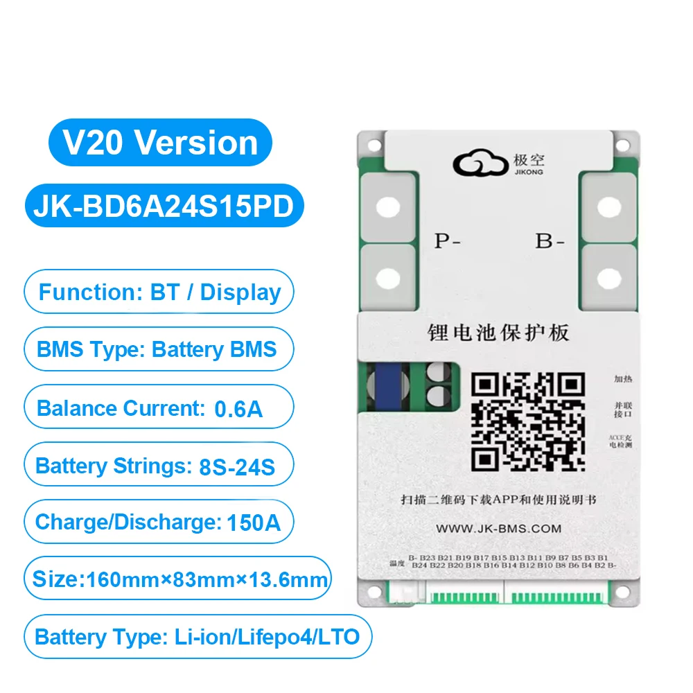 JKBMS JK-BD6A24S15PD V20 JIKONG BMS 0.6A 0.4A App Bluetooth Display 8S 10S 12S 13S 14S 15S 16S 17S 18S 20S 22S 24S Smart BMS 40A 60A 100A 150A Aktiver Balancer für LiFePO4 Li-Ion LTO Batterien