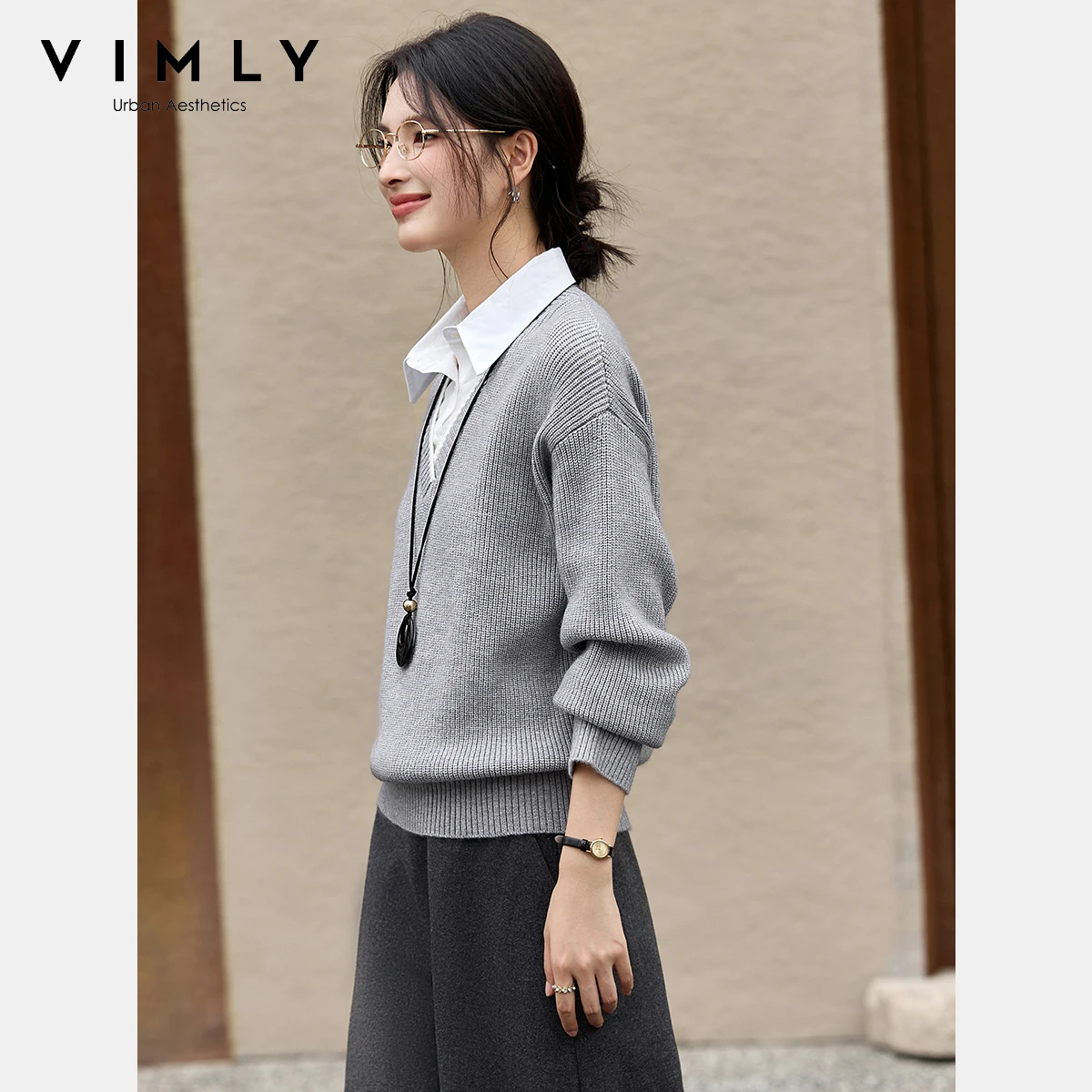 Vimly outono 2025 moda mulher nova malha cinza pullovers estilo preppy retalhos 2 em 1 camisola turn-down neck senhoras jumpers 75082