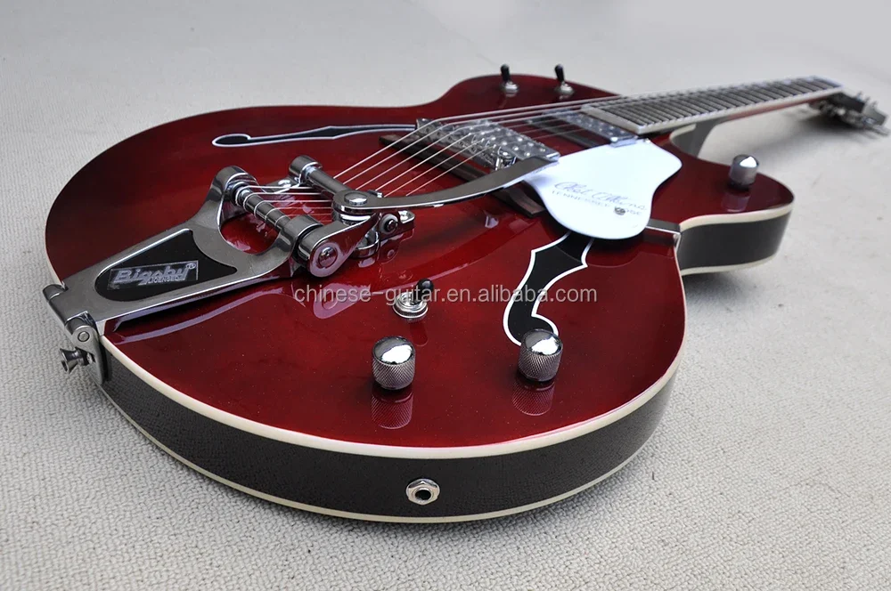 Flyoung Wine Red Semi-hollow Electric Guitar Print F Hole 6-string Electric Guitar