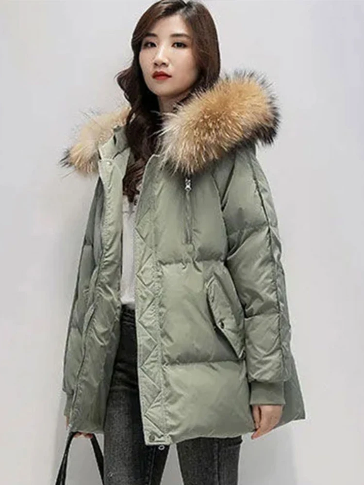 2024 New Real Raccoon Fur Collar Women\'s Parka Jacket Fashion Hooded Jacket Loose Thick keep Style Elegant Woman Top