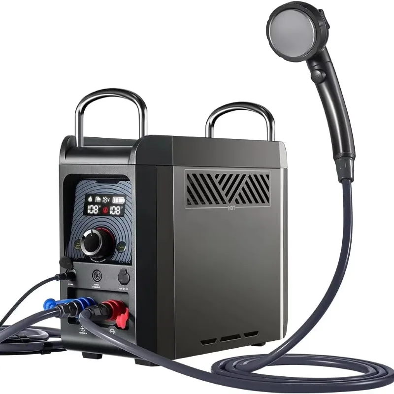 

Propane on-demand camp water heater with 4000 mAh 1.5-hour rechargeable built-in battery, compact outdoor instant shower heater