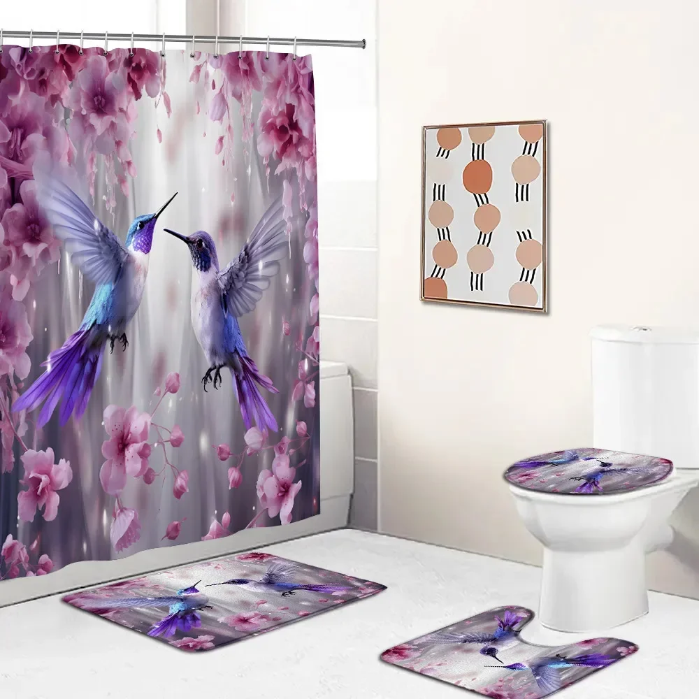 Bird Floral Shower Curtain Set Hummingbird Parrot Crow Blooming Blossom Wisteria Bathtub Curtain Home Carpet Toilet Lid Cover