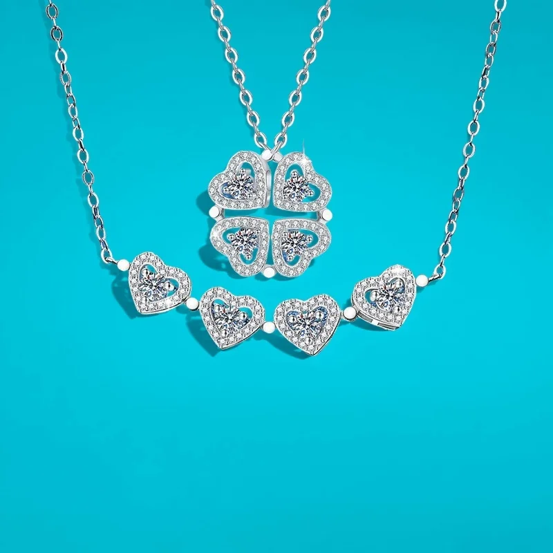 

2-каратный D цвет S925, серебряное трансформируемое двухслойное ожерелье с подвеской в виде клевера, муассанитовый камень, ювелирные изделия, сертифицированный GBA, роскошный дизайн