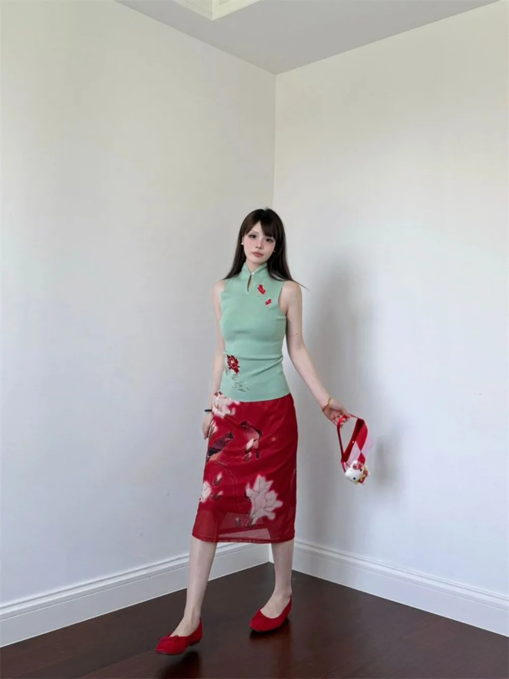 

Chinese Style Green Print Two Piece Set Sleeveless Top and Pencil Skirt Modern Hanfu Aesthetic Spring Fashion Outfit