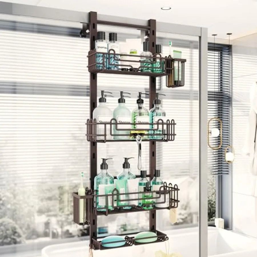 

4 Tier Over the Door Shower Caddy, Hanging Shower Caddy with 22 Hooks and 2 Toothbrush Holders, No Drilling Adjustable Hanging