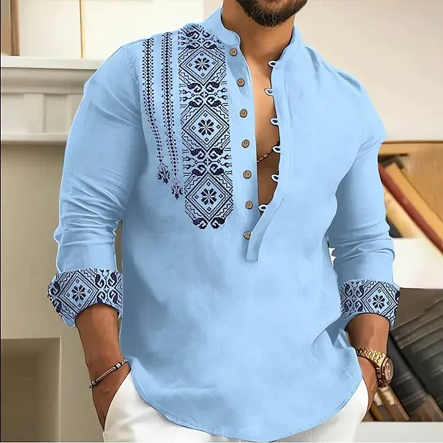 Summer Tops Men's Long Sleeve Mandarin Collar Printed Slim Fit White Casual Shirt Stand Collar Geometric Pattern Buttonless