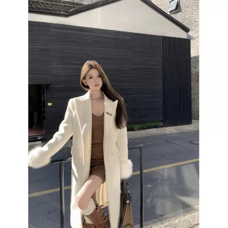 Korean Version White Cuff Patchwork Woolen Suit Jacket for Women with a High-end Feel Wide and Loose Texture Long Over the Knee