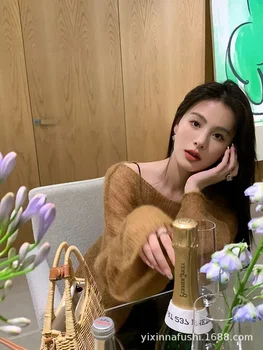 Pullover da donna maglione Mohair tinta unita sciolto oversize Sexy con spalle scoperte maglia cava vedere attraverso maglione a maniche lunghe Harajuku