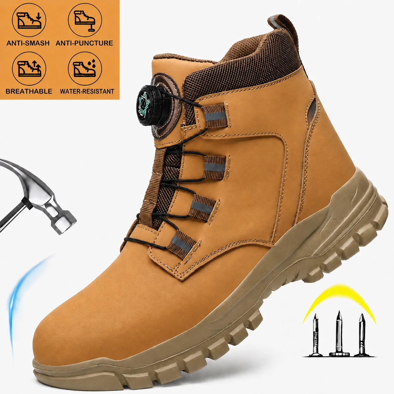 Men's Steel Toe Safety Tactical Motorcycle Boots Water-Resistant Anti-Puncture Light EVA Sole Dial Reflective Work Shoes