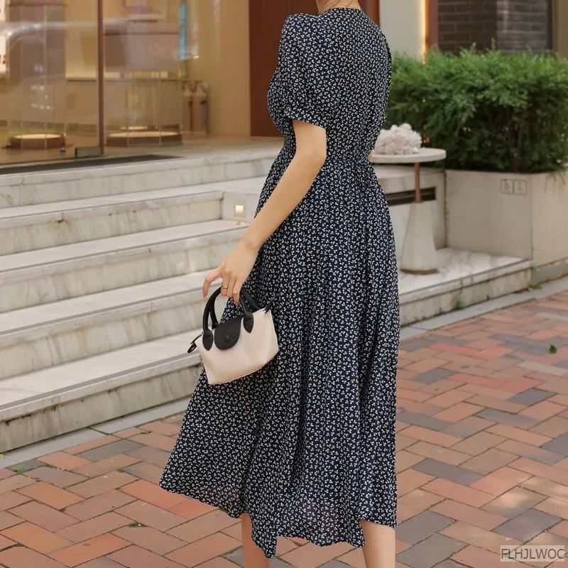 Vestido de Manga Curta Feminino Floral e Flor, Elegante Vestidos Longos, Vintage, Preto, Chique, Coréia, Design Francês, Verão, Novo, Retro, M-3XL, 2024