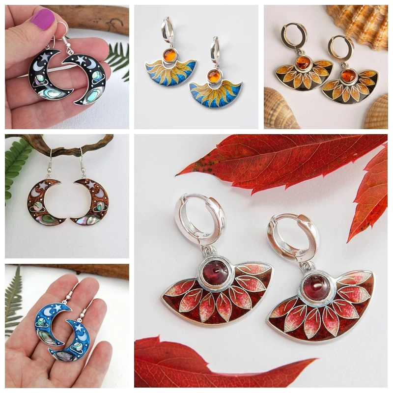 New Fan-shaped Enamel Maple Leaf Red Flower Dropped Earrings for Girls Retro Fashion Handmade Women\'s Earring Accessories