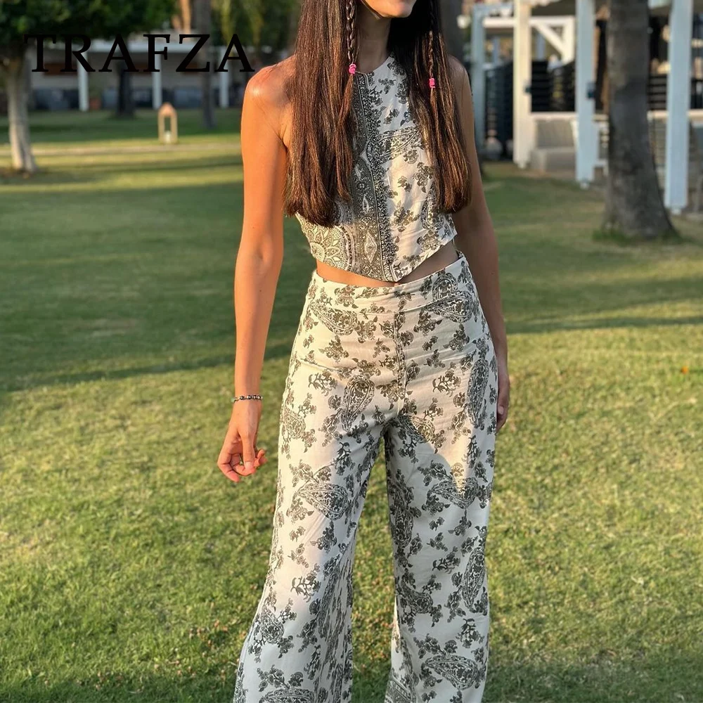 TRAFZA 2024 Spring Summer Printing Women Suits Fashion Halter Backless Sleeveless Tops+High Waist Zipper Wide Leg Pants