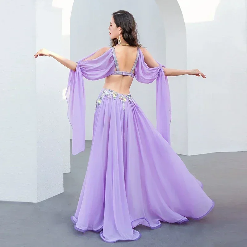 Traje de danza del vientre con tachuelas de diamantes, sujetador con tirantes, falda oscilante grande dividida, conjunto de ropa de actuación, ropa de competición de danza Oriental