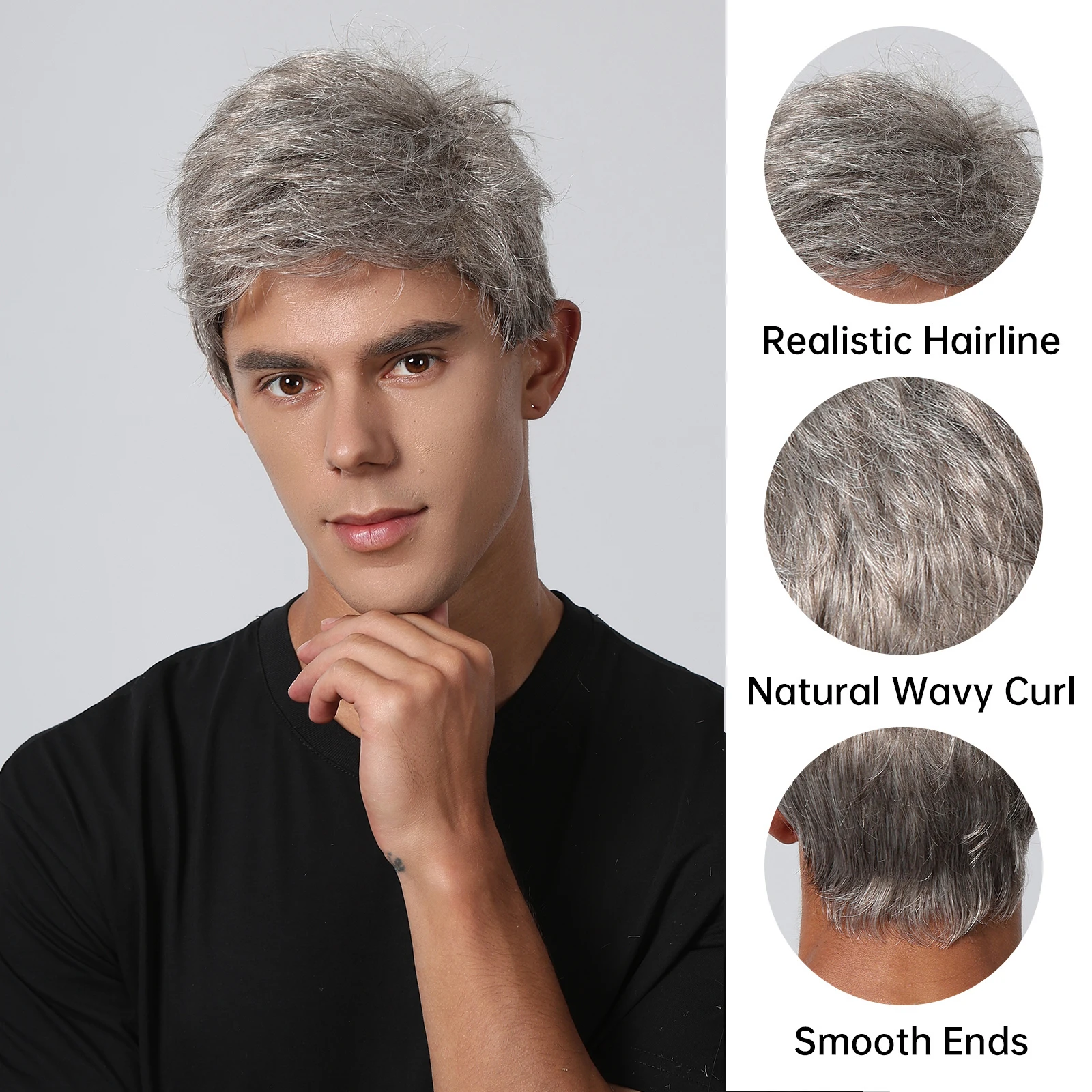 Men's Wig Short Silver Gray Wigs for Men Layered Side Part Pixie Cut Wig Natural Synthetic Hair Replacement for Male Daily Party