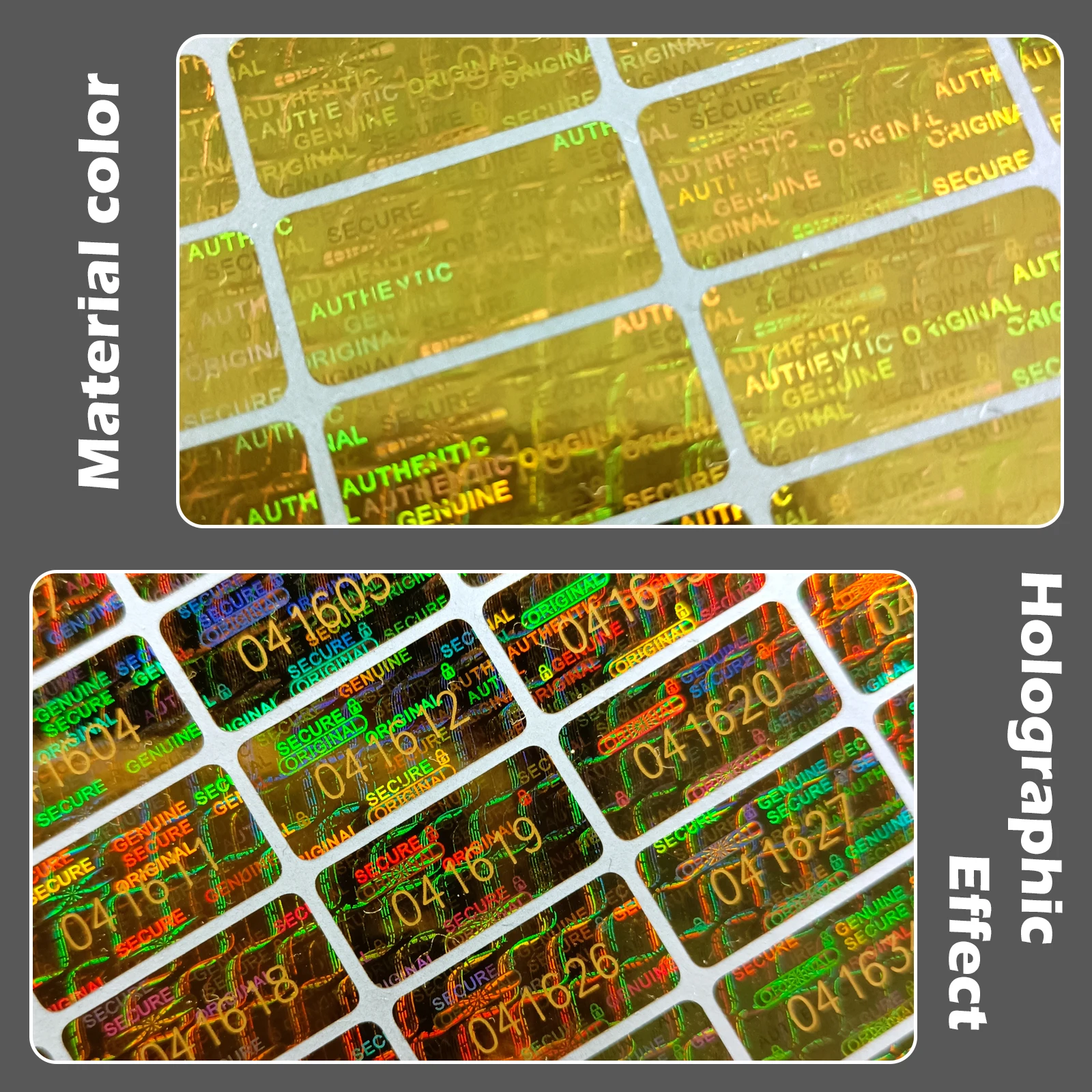 

Gold Tamper Proof Hologram Stickers, High Security Labels, Warranty Void Seal, Original, Genuine, 2x1cm