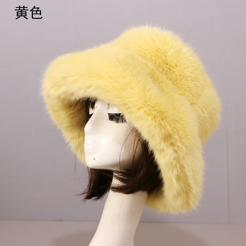 

New Women's Winter Hat Luxury Knitted Faux Mink Fur Wide Brim Bucket Caps Warm Faux Fur Cap Girls Quality Soft Faux Mink Fur Hat