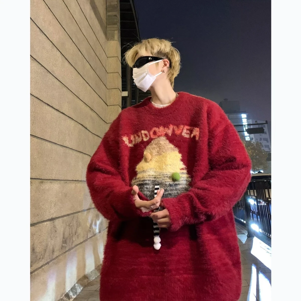 Pull à capuche tricoté ample rouge, haut décontracté pour nouvel an, pour hommes et femmes, fermeture à bande magique, Fiber de Polyester douce