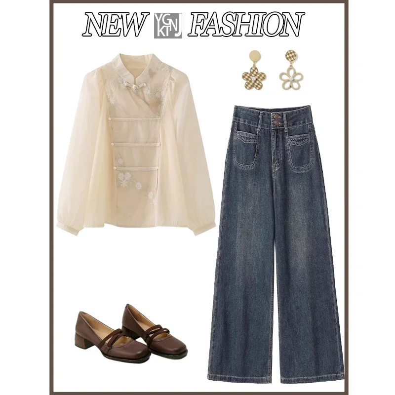 

Новый комплект в китайском стиле Ханьфу: женские джинсы с прямыми штанинами и эффектом похудения, весна 2026, и традиционная рубашка в национальном стиле — комплект из двух предметов.