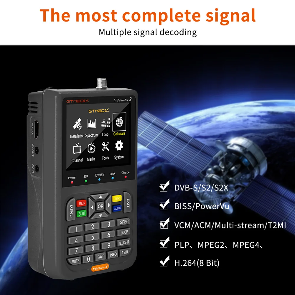 Imagem -02 - Localizador de Satélite Medidor Digital Medição de Sinal Receptor para Dvb-s2x Mpeg2 Dvb-s2x Bits H.264 Bits Gtmedia-v8 Finder2