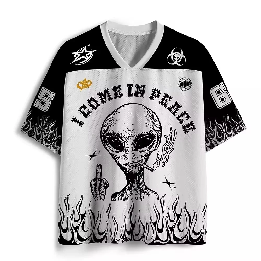 Alien Come In Peace UFO Flame Graphic Mesh Jersey V Neck Short Sleeve Loose Unisex Streetwear Hip Hop Sports Tee For Men Women