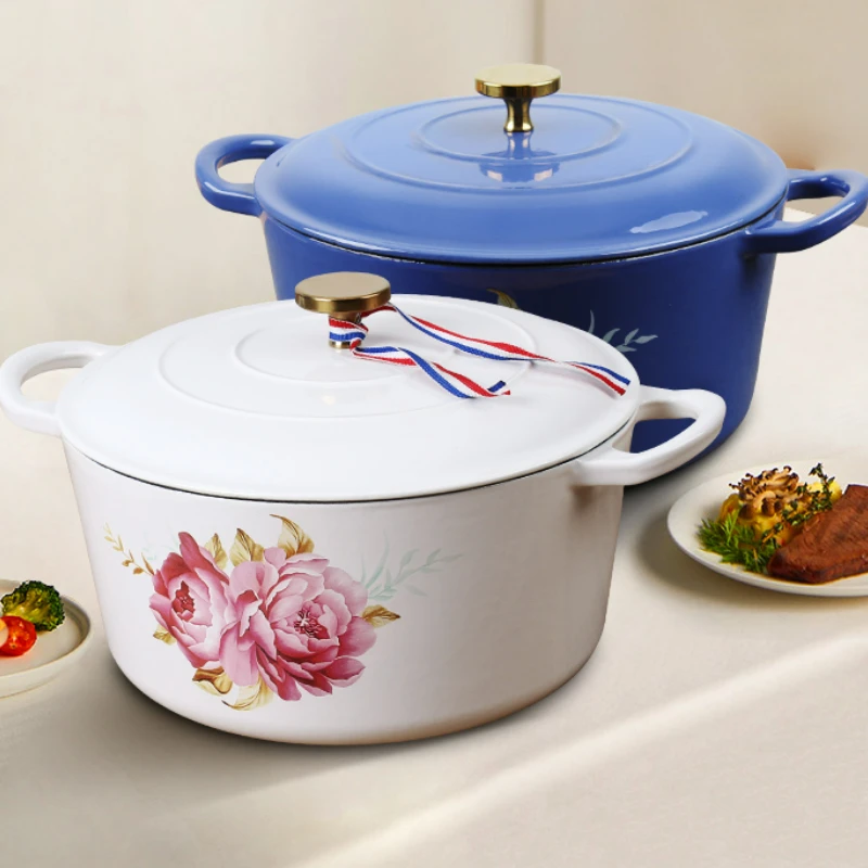 Peony Printed Enamel Cast Iron Pot Household Non-stick Stew Pot Induction Cooker Gas Universal Casserole Cookware Cooking Pots