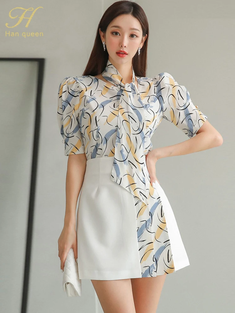 H Han Queen New 2024 Summer Party 2 Piece Sets Women Print Shirt + Pleated A-Line Short Skirts Korean Skirt Set Female Clothing