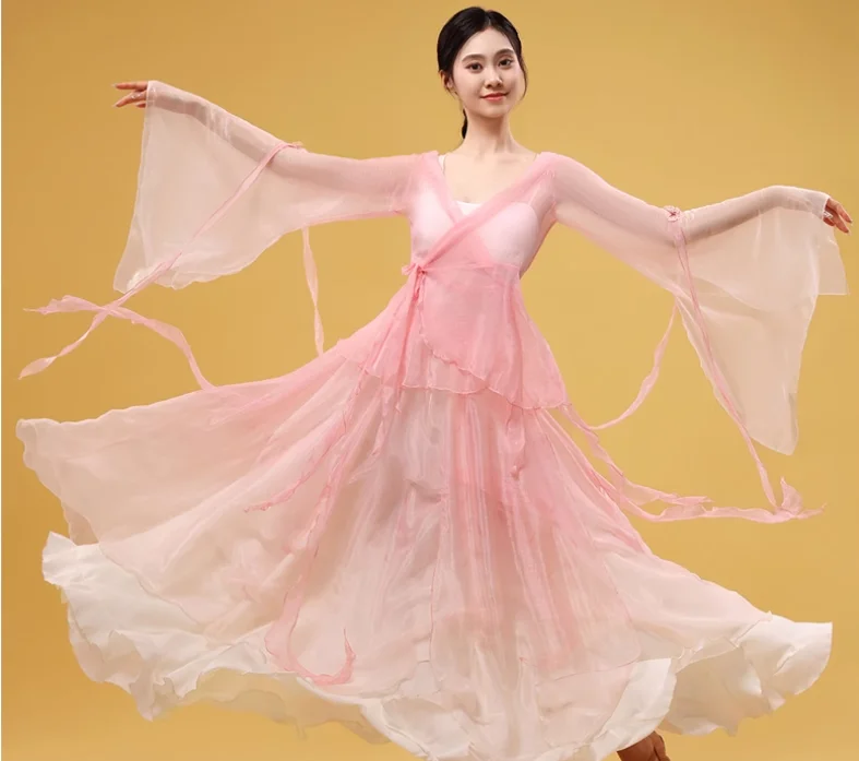 

Pink Classical Dance Training Dress, Chinese Classical Dance Gauze Dress