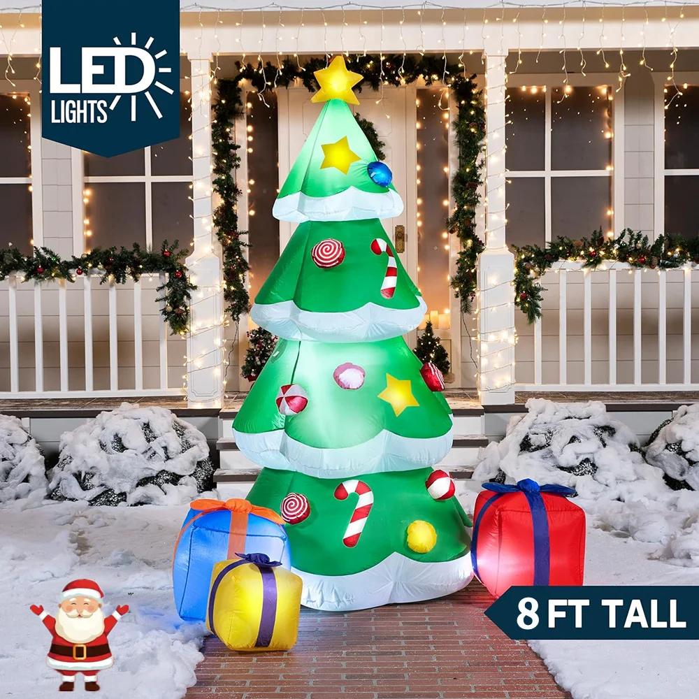 شجرة عيد الميلاد العملاقة القابلة للنفخ بطول 8 أقدام مع 3 عبوات هدايا، أضواء LED مدمجة لتزيين عطلة الفناء الداخلي والخارجي
