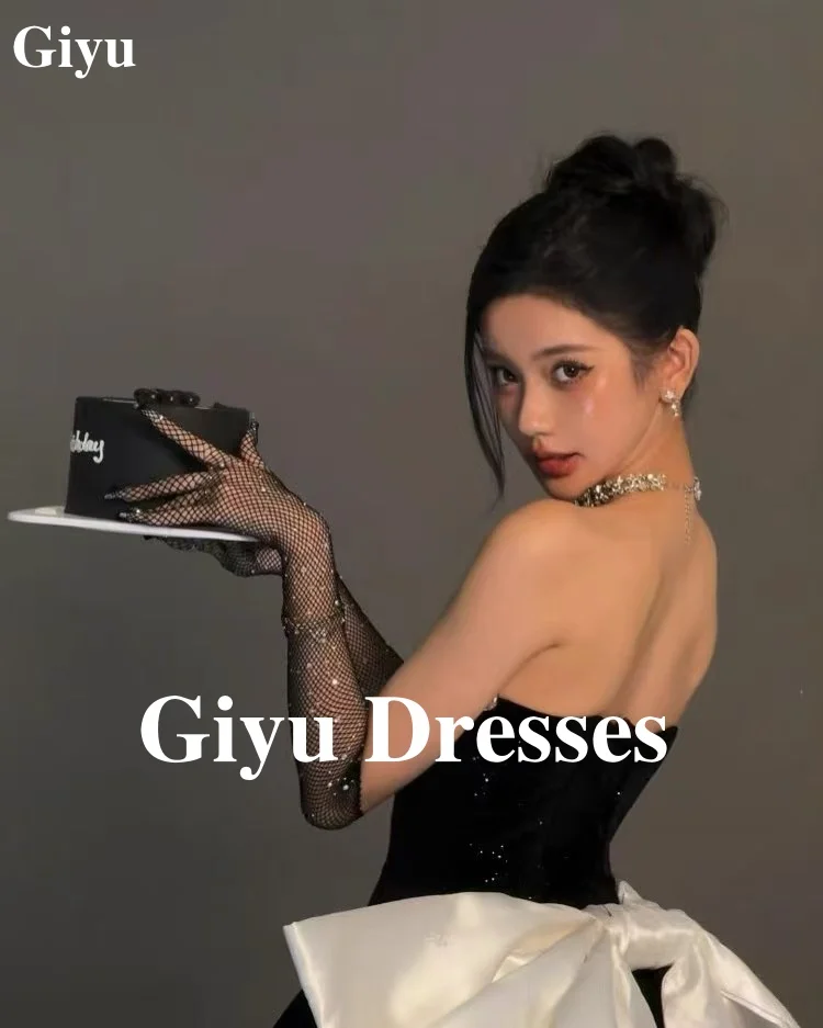 Giyu sexy preto coreano vestidos de noite querida lantejoulas frisado cinta bowknot fora do ombro vestidos ultra curtos vestidos de baile