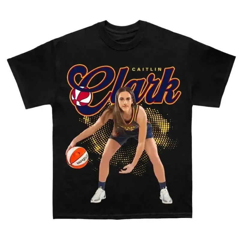 Unisex Cute Caitlin Clark Graphic T-Shirt - Cotton, Fitted Cut, Medium Length, Moisture-Wicking, Partial Print, Gentle Wash, Casual Basketball Fan Top, Sizes S-5XL, All Seasons, Soft Cotton