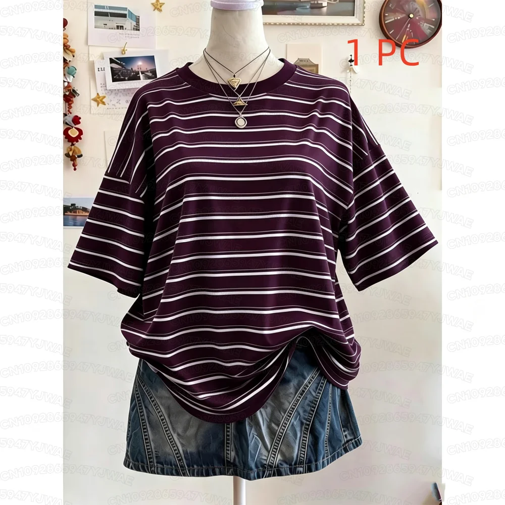Sommer Y2K Gestreiftes Oversize-T-Shirt mit Rundhalsausschnitt und Fallschulter für Damen Kurzarm Street Casual Sport-Oberteil – Detail 6