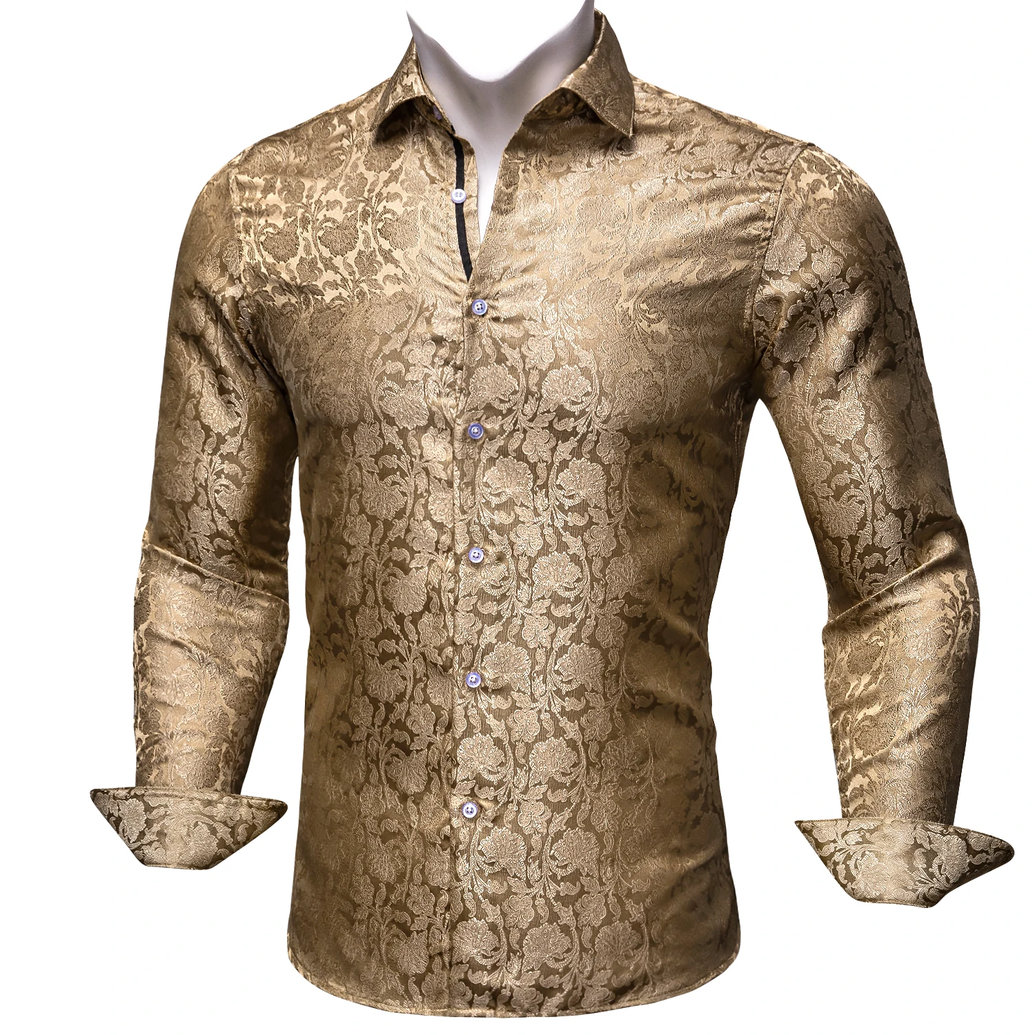 Barry.Wang 4XL Luxury Gold Paisley Silk Shirts Men Long Sleeve Casual Flower Shirts For Men Designer Fit Dress Shirt BY-0068