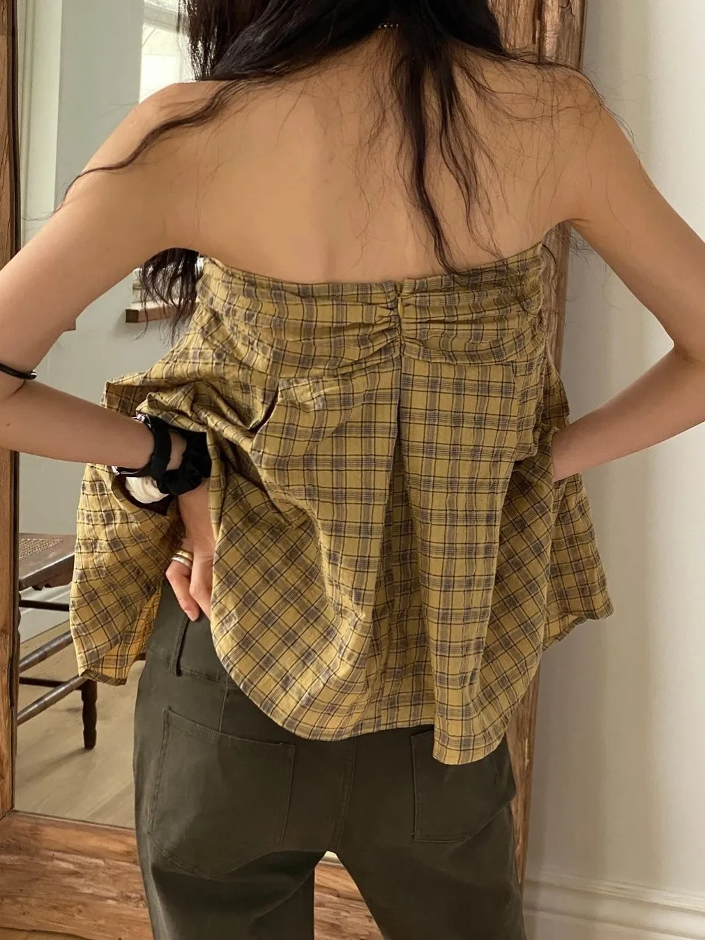 

Летний шикарный женский топ в стиле ретро с квадратным воротником Bubble Sve irt Color Blo Plaid Splice Pleated, универсальный съемный женский топ Faion