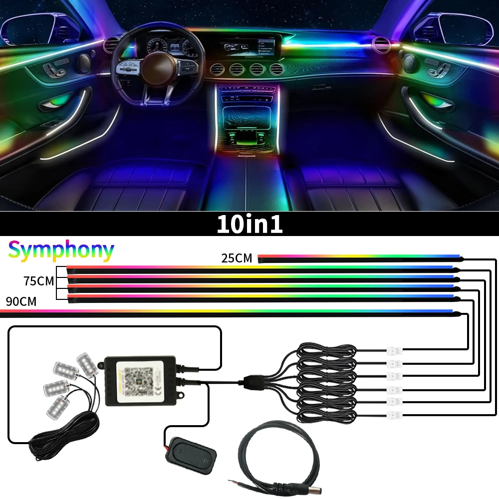Symphony Car Ambient Lights Kit 18 in 1 LED Interior RGB APP Control Acrylic Guide Strip Light Auto Atmosphere Lamp image 3