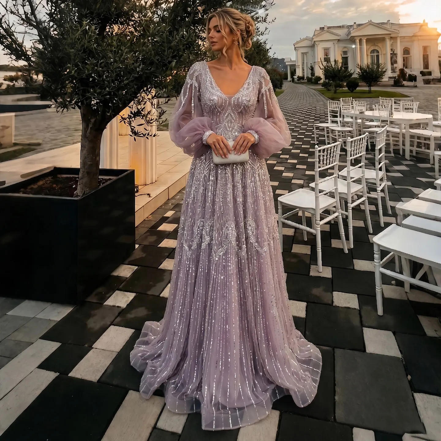 Sharon Said Luxuriöses Rosa Abendkleid mit Perlenstickerei, V-Ausschnitt, A-Linie und Puffärmeln, 2026 Damen Hochzeitsfeier SS057, Maßanfertigung – Detail 4