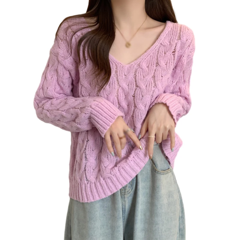 Women's Sweater Solid Colour Autumn Winter V Neck Loose Casual Lazy Style Knitted Long Sleeves Pullover