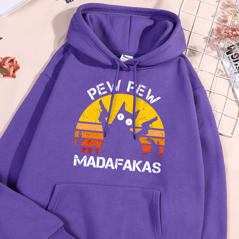 Pew Pew Madafakas Cat With Two Guns Printing Hoodie Men Funny Cats Hoodies Flexible Casual Pullover Loose Hoody Street Clothing