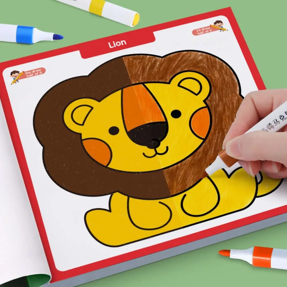 Animals Patterns Half-Coloring Book Half-Page Drawing Imitative Ability Fun Graffiti Art Activities Interactive Educational
