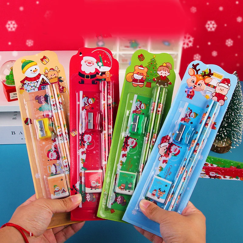 Cute Cartoon Christmas Stationery Set, apontador de lápis, borracha, régua, presentes do estudante, 1 conjunto